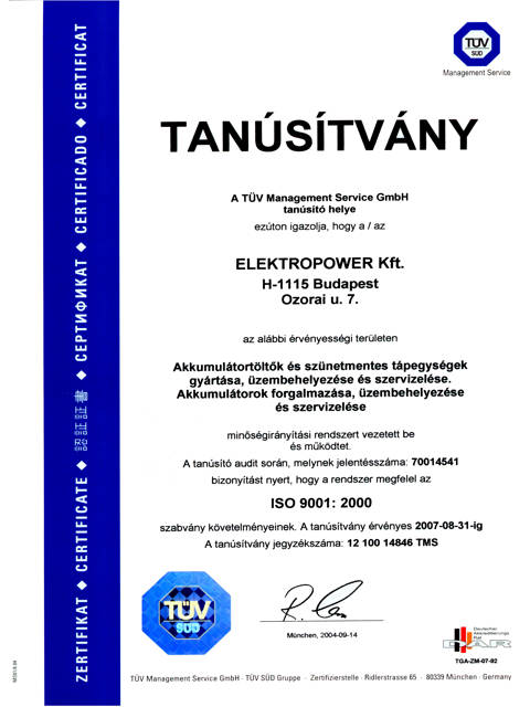 Az Elektropower Kft. ISO 9001 tanstvnya